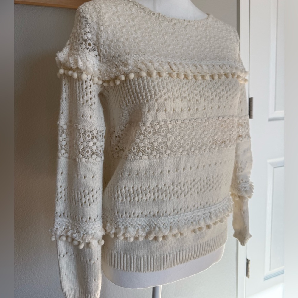 Sézane Cream Sweater with Lace and Fringe